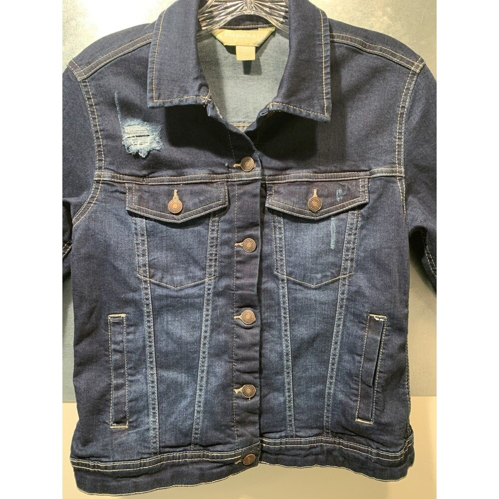 (Sears) Trucker Denim Jacket Roebucks Stretch Womens S Blue Distressed VINTAGE